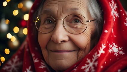 Heartwarming closeup Christmas portrait of elderly person with kind eyes wrapped in red festive blanket, soft golden fairy lights glowing in background, nostalgic holiday spirit and cozy seasonal warm