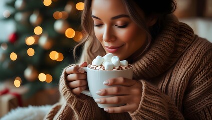 Closeup Christmas portrait of woman sipping hot cocoa with marshmallows, cozy knit sweater, glowing Christmas tree lights in background, dreamy holiday atmosphere, festive warmth and seasonal charm