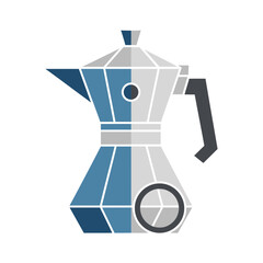 Stylized illustration of a Moka pot, half blue and half silver, on a white background.