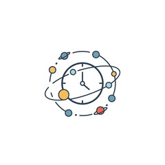 Clock with planets orbiting around it, representing time and space.