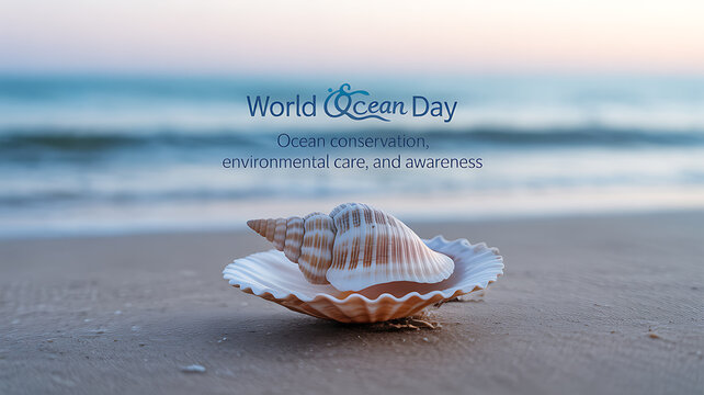 Seashell on sandy beach with ocean waves in background for World Ocean Day