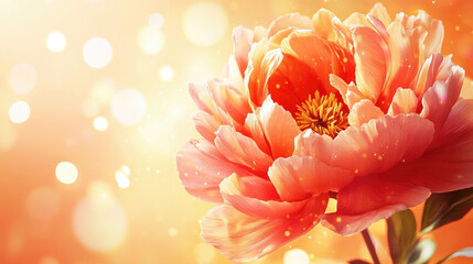 Blooming warm-toned peony flower with rich detailed petals and textures creating visual impact on light orange gradient background with ethereal laser beam blur effects for poster design.