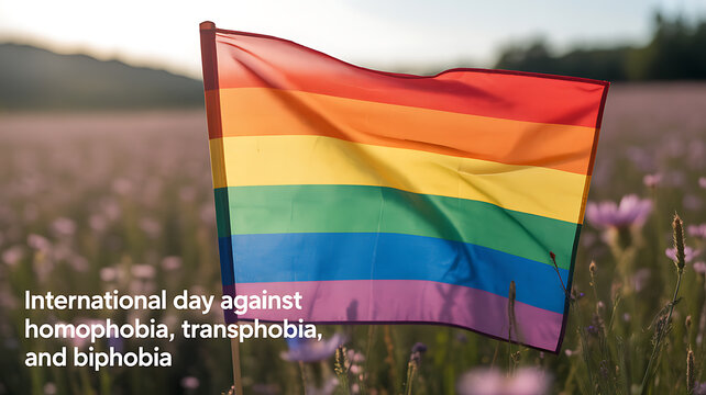 Rainbow flag waving in a field of wildflowers on International Day against Homophobia, Transphobia, and Biphobia