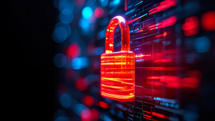 A glowing red padlock against a backdrop of digital data streams, symbolizing cybersecurity and the protection of online information