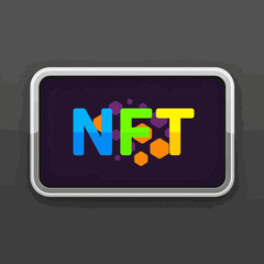 NFT logo on a digital tablet screen with colorful geometric shapes, representing non-fungible tokens and blockchain technology.