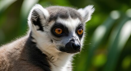 Obraz premium Close up portrait of a ring tailed lemur with striking orange eyes