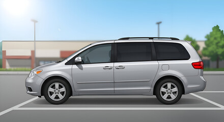 Fototapeta premium Silver minivan parked in a parking lot near retail stores. Vehicle is stationary, displaying a typical family vehicle in a suburban setting.
