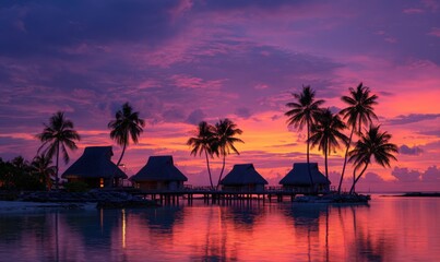 Obraz premium Sunset over tropical island huts