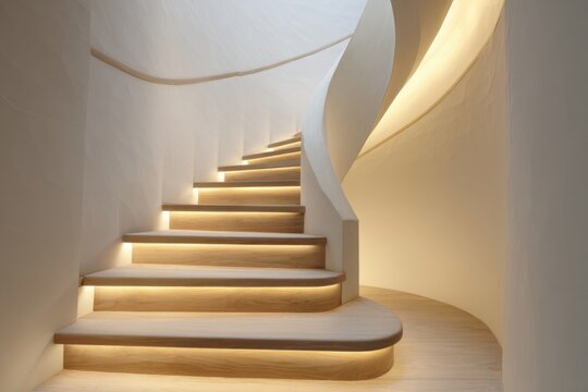 Modern curved staircase with warm lighting - Powered by Adobe
