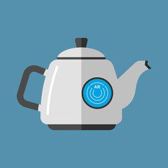 Illustration of a silver teapot with an augmented reality symbol on its side.