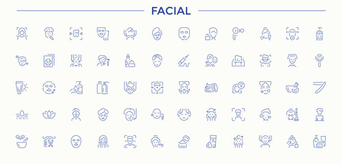 Facial icon set. Minimalist icons collection. Editable vector art and illustration. Beauty related icon set. Includes thin line symbols skincare, skin, wrinkle, face, treatment, spa and more.