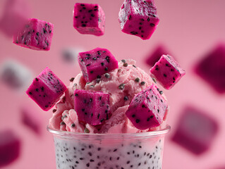 Dragon fruit ice cream in a clear cup pink cubes 
