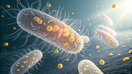 The gut wall is like a city of the future, with glowing bacteria serving as buildings. A stream of high-speed vitamin molecules flows through the city like a digital expressway, bringing energy 