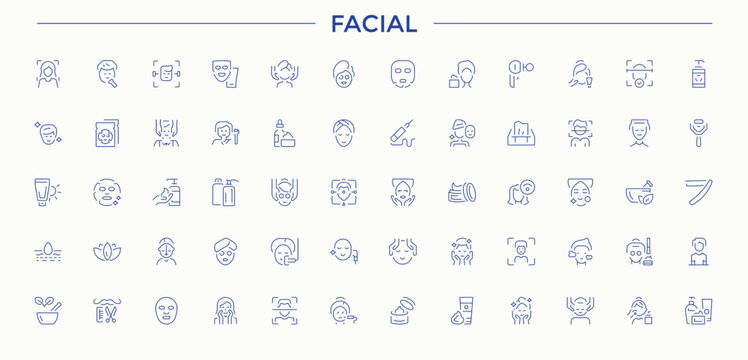 Facial icon set. Minimalist icons collection. Editable vector art and illustration. Beauty related icon set. Includes thin line symbols skincare, skin, wrinkle, face, treatment, spa and more.