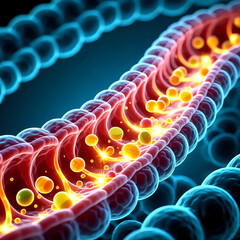 A microscopic view of the gut cells absorbing nutrients, small fluorescent molecules of vitamins and energy flowing into the cells, creating a sense of dynamic movement and flow.