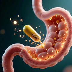 vitamin capsule dissolving inside the stomach and its contents being released into the small intestine. The process is shown with mesmerizing clarity, 