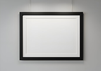 Obraz premium Empty black framed picture on a light gray wall. Empty display mockup for art or a presentation. Professional office setting. Use for design or art inspiration.