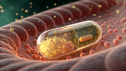A microscopic view of the gut cells absorbing nutrients, small fluorescent molecules of vitamins and energy flowing into the cells, creating a sense of dynamic movement and flow.