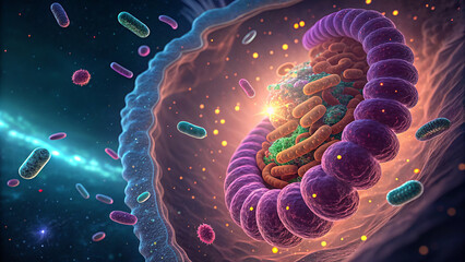The gut wall is like a city of the future, with glowing bacteria serving as buildings. A stream of high-speed vitamin molecules flows through the city like a digital expressway, 
