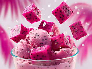 Dragon fruit ice cream in a clear cup pink cubes 