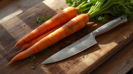 Carrots on a wooden cutting board with knife and herbs, natural morning light, cozy kitchen lifestyle, warm tones, balanced composition.