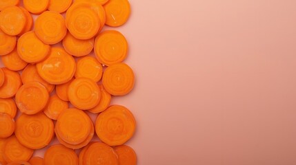 Sliced carrot pieces arranged neatly on a pastel background, top view, minimal food concept, clean negative space for text