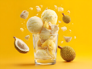 Durian ice cream scoops in a transparent cup durian