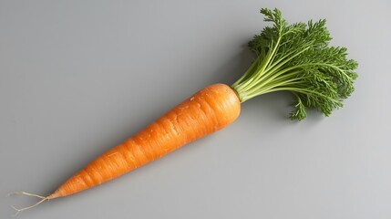 Whole carrot with fresh green leaves and visible tiny roots, placed on a neutral background, organic and natural style, close-up detail.