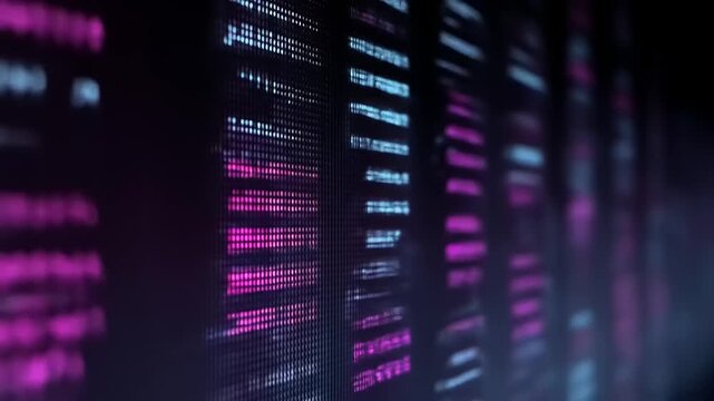A close-up view of a screen displaying lines of code in vibrant pink and blue.
