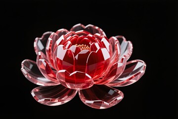 A surreal, simple 3d artwork of Peony bloom in ruby crystal texture, elegant shine, black background