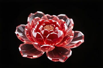 A surreal, simple 3d artwork of Peony bloom in ruby crystal texture, elegant shine, black background