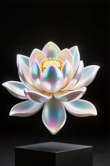 A Lotus flower sculpted from pearl with iridescent glow, luxury render, black background