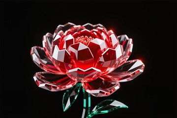 A surreal, simple 3d artwork of Peony bloom in ruby crystal texture, elegant shine, black background