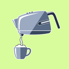 Illustration of a kettle pouring liquid into a cup.
