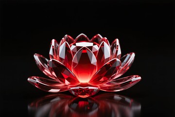 A surreal, simple 3d artwork of Lotus flower carved from ruby gemstone, glowing red luxury, black background