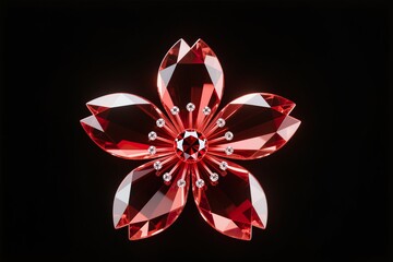 A surreal, simple 3d artwork of Cherry blossom glowing ruby gemstone petals, black background