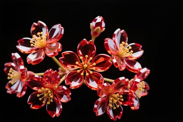 A surreal, simple 3d artwork of Cherry blossom glowing ruby gemstone petals, black background