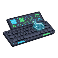 Futuristic keyboard with touch screen and hand illustration.
