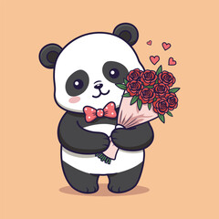 Cute Cartoon Panda Holding Red Rose Bouquet with Hearts . Vector Illustration for Love and Celebration