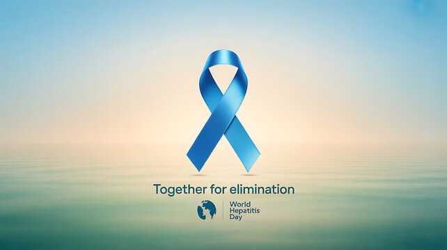 Blue ribbon symbol for World Hepatitis Day with the slogan 'Together for elimination' against a serene sky and water background.