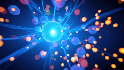 Illustration of a neuron cell with glowing blue light, depicting the complex network of connections and communication within the brain