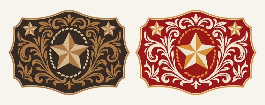 Sheriff Star Badge Rodeo Cowboy belt buckle wild west cowboy style tag stylized Western Texas Five Point Star Decorative Floral Frame vector design.