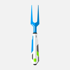 Stylized blue and white fork illustration on a white background.