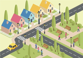 Isometric view of a quiet suburban neighborhood with colorful houses, a central park, streets, and people enjoying the community life