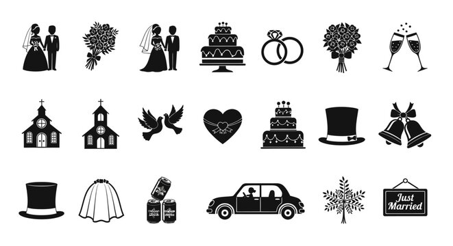 Elegant Beautiful Wedding Celebration Black Vector Silhouette Set of Love and Icons