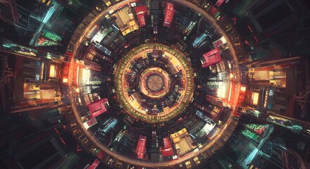 Circular city core with vibrant lights radial symmetry and high tech architecture evoking cyberpunk density motion and futuristic immersion