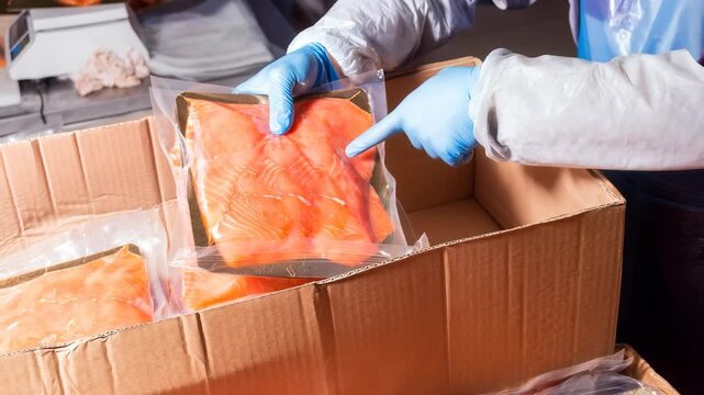 A worker shows fish before packaging at a fish processing plant