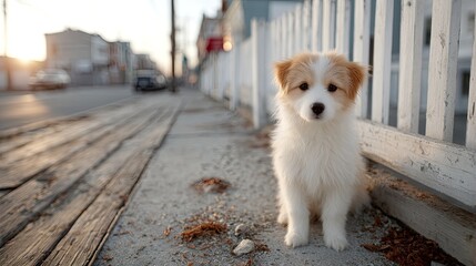 Cute Fluffy Puppy Sitting By White Picket Fence on City Street at Sunset