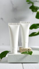 Two white tubes of cosmetic product on a light gray stone surface with greenery