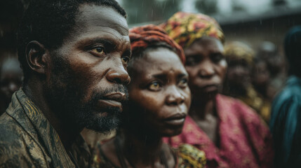 Obraz premium Dense crowd of people with expressions of concern, rain falling from the sky, vibrant clothing reflecting a cultural gathering in a rural setting